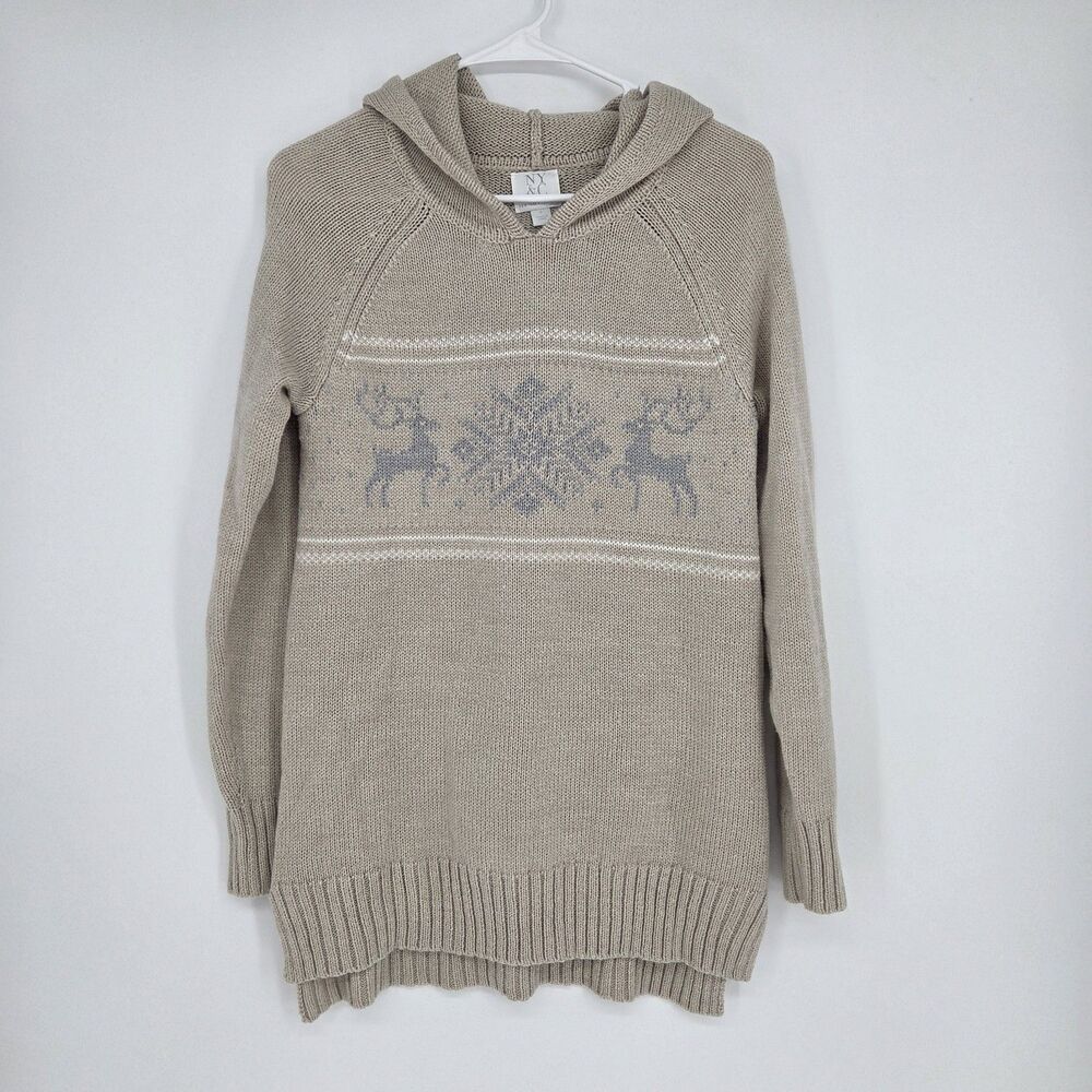 NY&C Womens Beige Fair Isle Reindeer Christmas Hooded Knit Pullover Sweater Sm